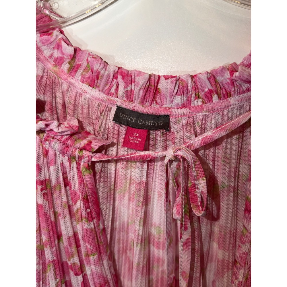 Vince Camuto Pink Floral‎ Pleated Mesh Blouse Top Women's 3X Long Sleeve Ruffle - Picture 4 of 6